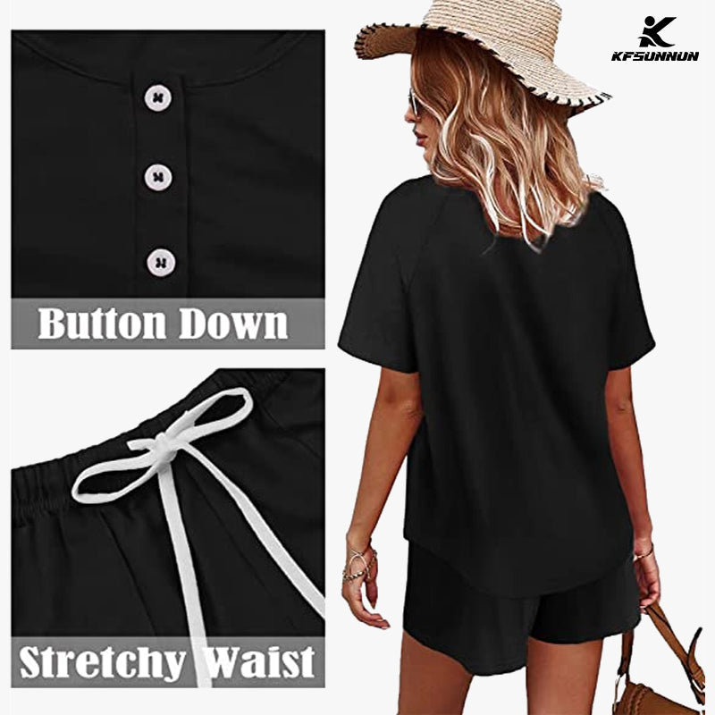 KFSUNNUN Two Piece Outfits For Women Lounge Sets Button Down T-Shirts And Shorts Set Sweatsuits with Pockets