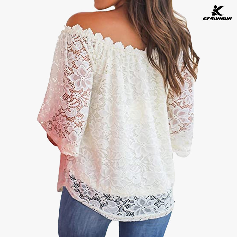 KFSUNNUN Women's Lace Off Shoulder Tops Casual Loose Blouse T-Shirts