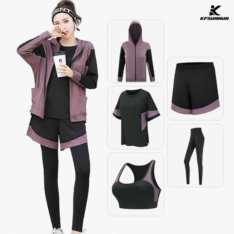 KFSUNNUN 5 Pieces Women Workout Outfits Athletic Sets Sport Suits Yoga Gym Fitness Exercise Clothes Jogging Tracksuits