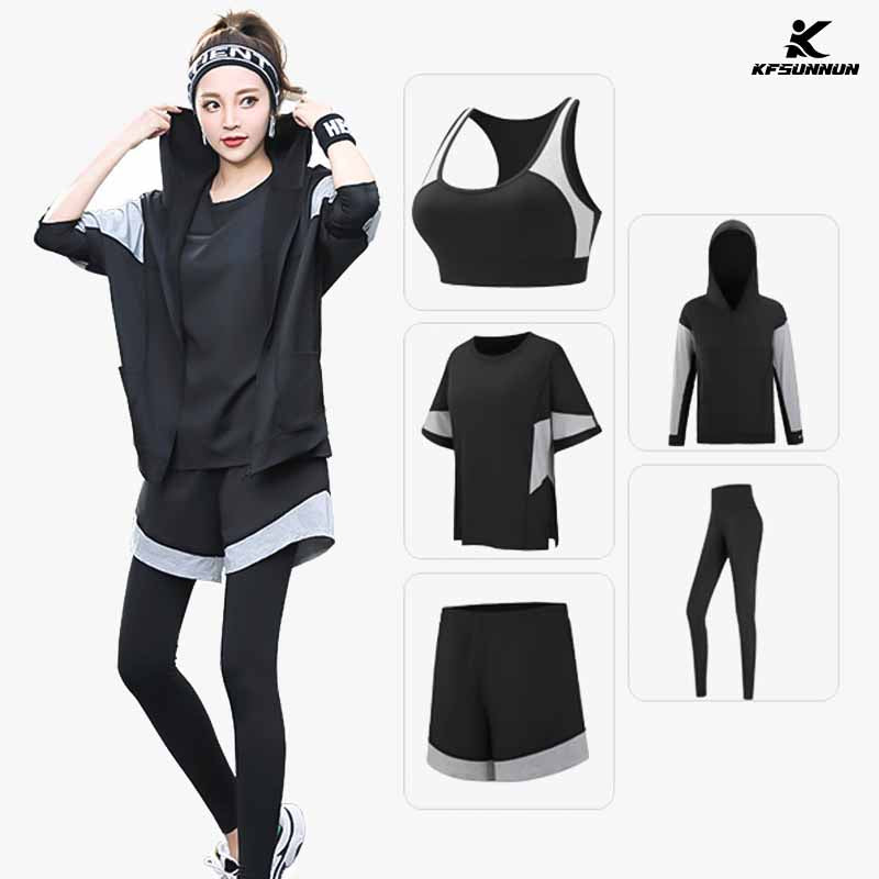 KFSUNNUN 5 Pieces Women Workout Outfits Athletic Sets Sport Suits Yoga Gym Fitness Exercise Clothes Jogging Tracksuits