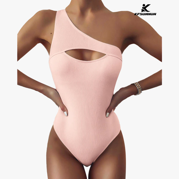 KFSUNNUN Women One Shoulder Swimsuits Color Block Cutout Tummy Control One Piece Bathing Suit