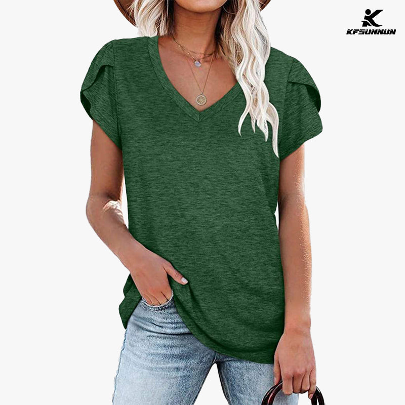 KFSUNNUN Womens Tops V Neck Summer Petal Sleeve Casual T-Shirts