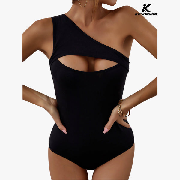 KFSUNNUN Women One Shoulder Swimsuits Color Block Cutout Tummy Control One Piece Bathing Suit