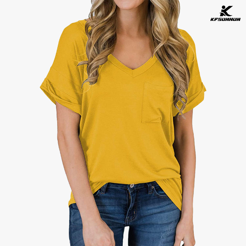 KFSUNNUN Women's Short Sleeve V-Neck Shirts Loose Casual Tee T-Shirts