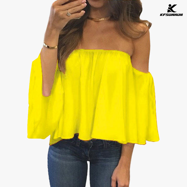 KFSUNNUN Women Summer Off Shoulder Chiffon Blouses Ruffles Short Sleeves Sexy Tops Casual T-Shirts