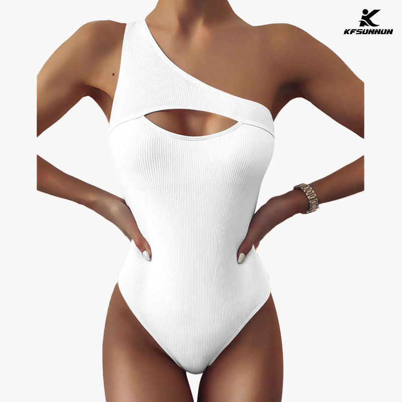 KFSUNNUN Women One Shoulder Swimsuits Color Block Cutout Tummy Control One Piece Bathing Suit