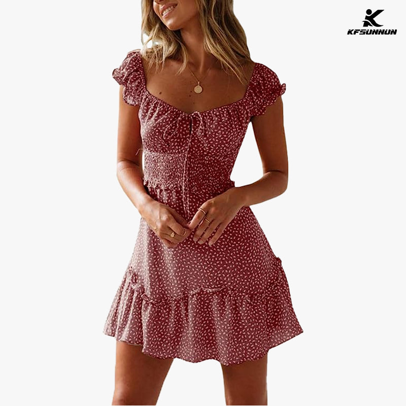 KFSUNNUN Women's Summer Ruffle Sleeve Sweetheart Neckline Printing Dress Mini Dress