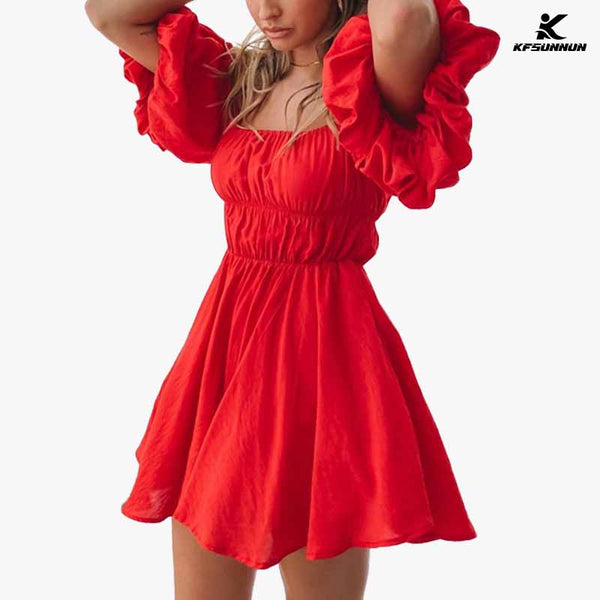 KFSUNNUN Womens Off Shoulder Summer Dresses Short Lantern Sleeve Ruffle Elastic Waist A-Line Casual Mini Dress