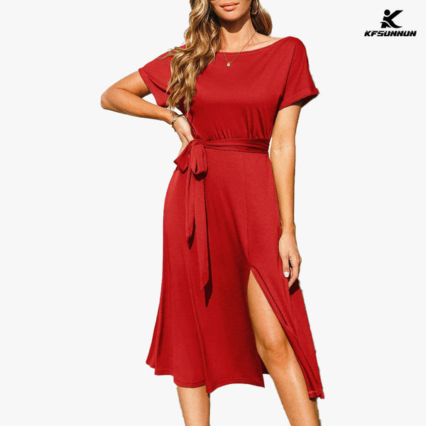 KFSUNNUN Women's Summer Dress Off Shoulder Short Sleeve Tie Waist Split Midi Dress