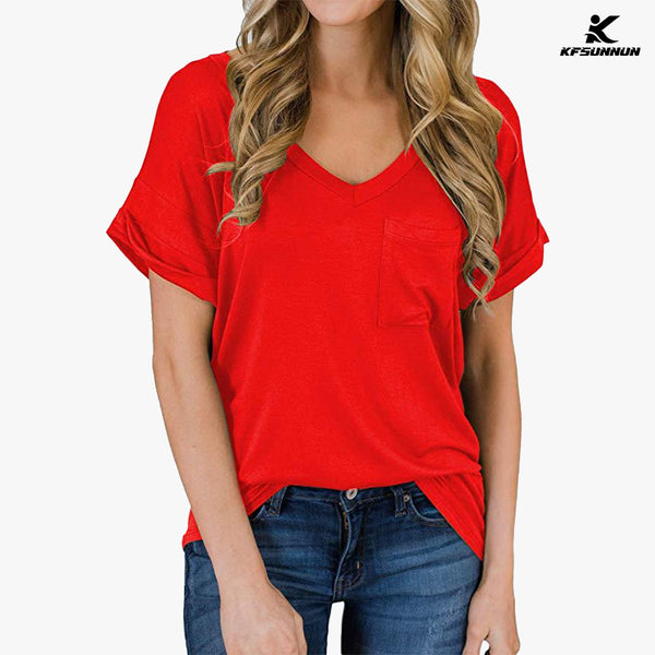 KFSUNNUN Women's Short Sleeve V-Neck Shirts Loose Casual Tee T-Shirts