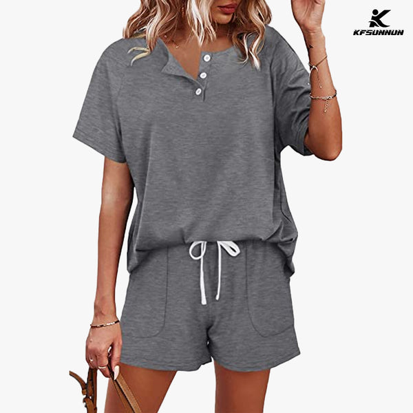 KFSUNNUN Two Piece Outfits For Women Lounge Sets Button Down T-Shirts And Shorts Set Sweatsuits with Pockets