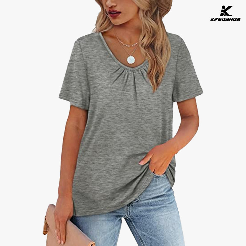 KFSUNNUN Women's Shirred V-Neck T-Shirts Short-Sleeve Casual Summer Tops