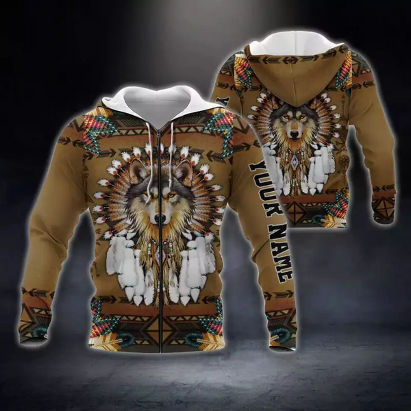 🔥Hot Sale - Personalized Wolf Native American Zip Hoodie Custom Text,leave an order note, we will mark the name according to the review