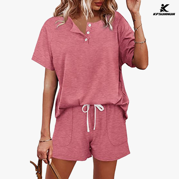 KFSUNNUN Two Piece Outfits For Women Lounge Sets Button Down T-Shirts And Shorts Set Sweatsuits with Pockets