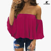 KFSUNNUN Women Summer Off Shoulder Chiffon Blouses Ruffles Short Sleeves Sexy Tops Casual T-Shirts