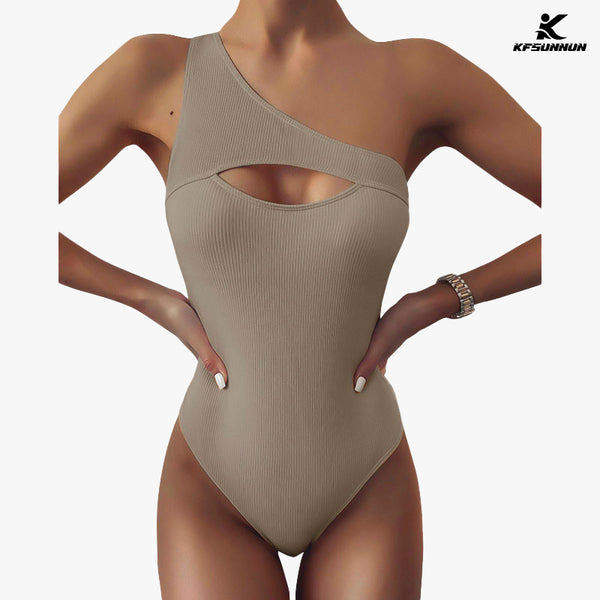 KFSUNNUN Women One Shoulder Swimsuits Color Block Cutout Tummy Control One Piece Bathing Suit