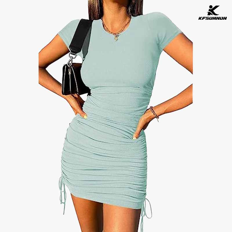 KFSUNNUN Women's Short Sleeve Summer Ruched Bodycon Mini Dress Side Drawstring Clubwear Casual Dresses