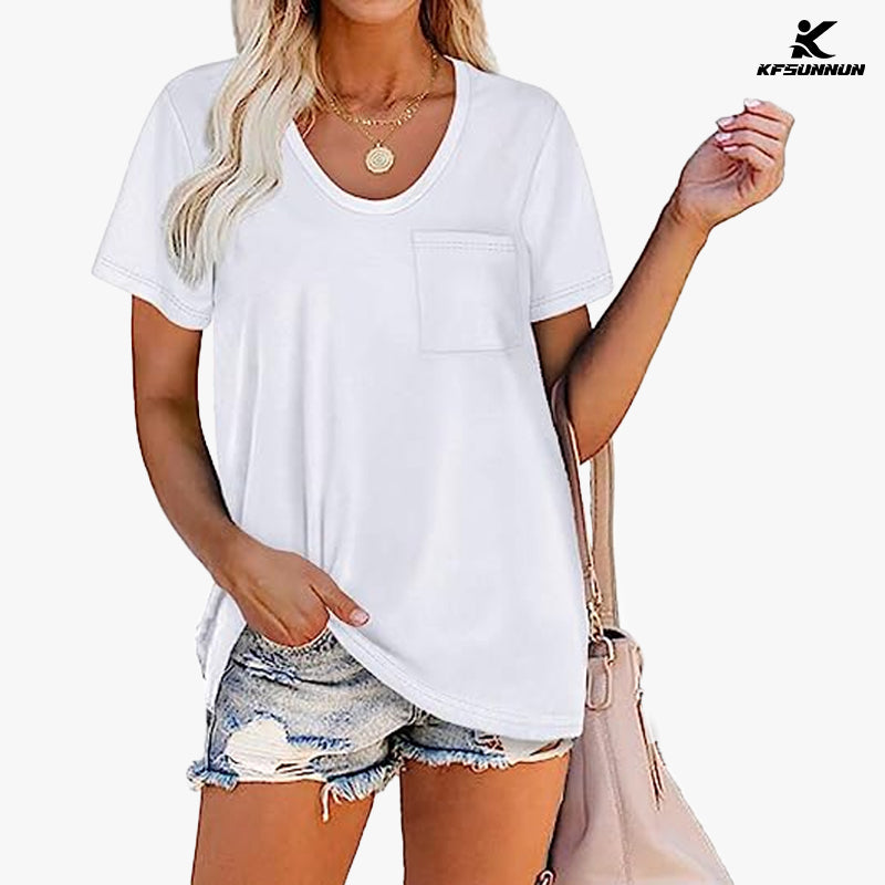 KFSUNNUN Women Summer T-Shirts Short Sleeve Rounded V Neck Pocket Tee Tops