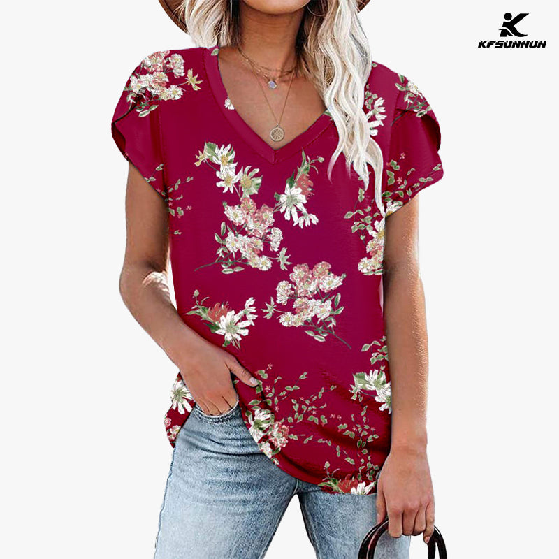 KFSUNNUN Womens Tops V Neck Summer Petal Sleeve Casual T-Shirts