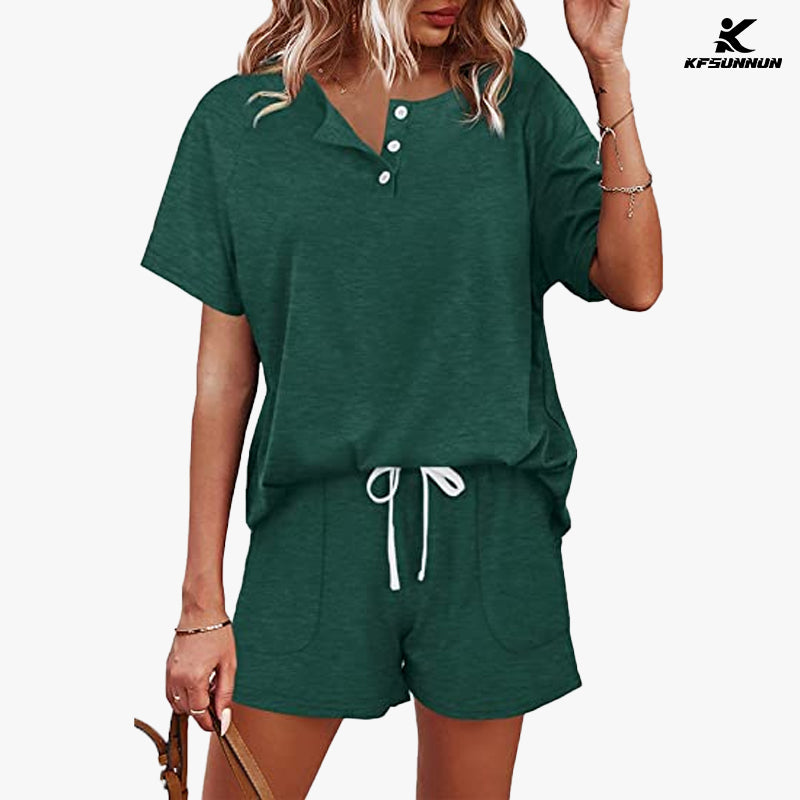 KFSUNNUN Two Piece Outfits For Women Lounge Sets Button Down T-Shirts And Shorts Set Sweatsuits with Pockets