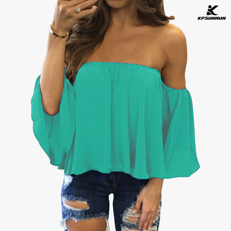 KFSUNNUN Women Summer Off Shoulder Chiffon Blouses Ruffles Short Sleeves Sexy Tops Casual T-Shirts