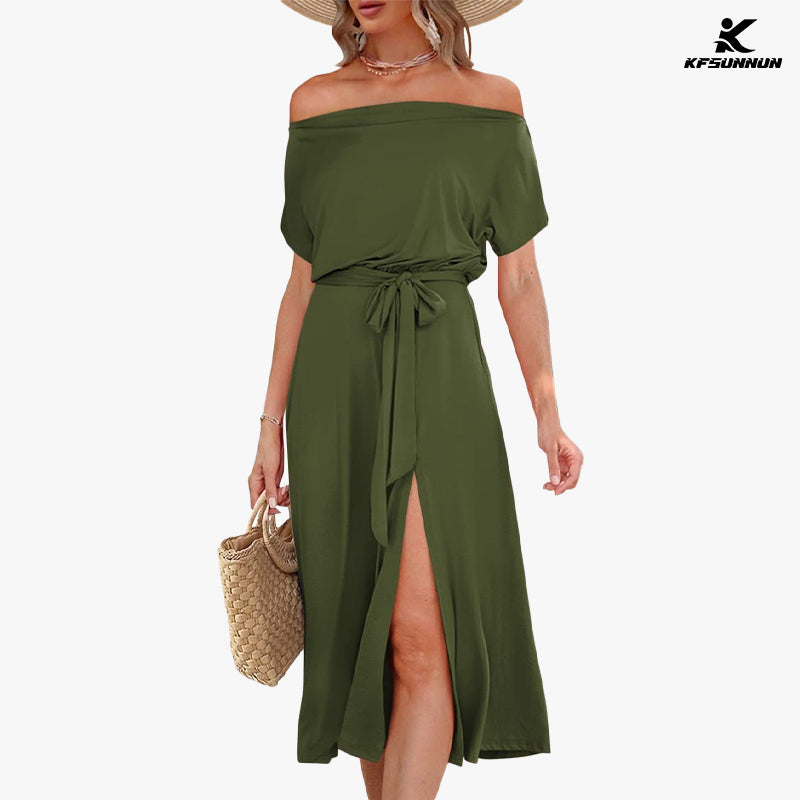 KFSUNNUN Women's Summer Dress Off Shoulder Short Sleeve Tie Waist Split Midi Dress