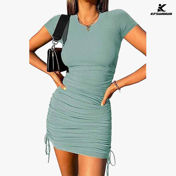 KFSUNNUN Women's Short Sleeve Summer Ruched Bodycon Mini Dress Side Drawstring Clubwear Casual Dresses