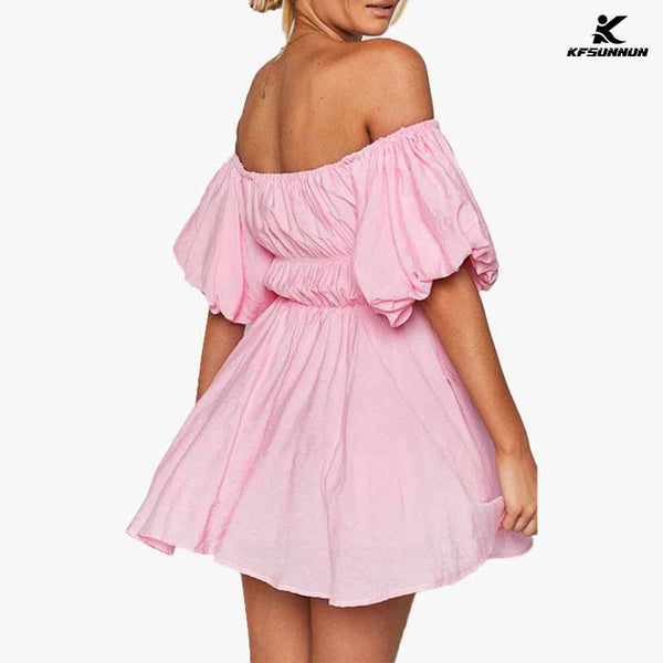 KFSUNNUN Womens Off Shoulder Summer Dresses Short Lantern Sleeve Ruffle Elastic Waist A-Line Casual Mini Dress