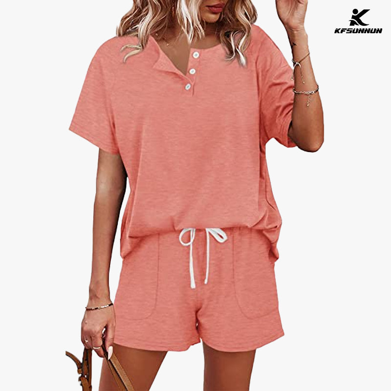 KFSUNNUN Two Piece Outfits For Women Lounge Sets Button Down T-Shirts And Shorts Set Sweatsuits with Pockets