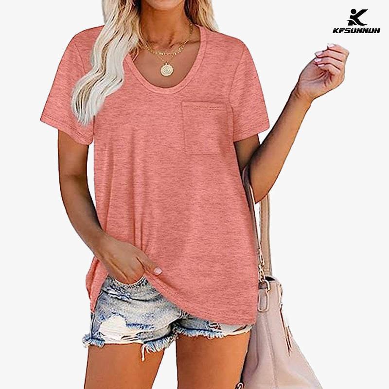 KFSUNNUN Women Summer T-Shirts Short Sleeve Rounded V Neck Pocket Tee Tops