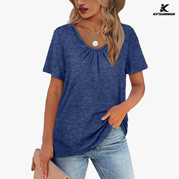 KFSUNNUN Women's Shirred V-Neck T-Shirts Short-Sleeve Casual Summer Tops