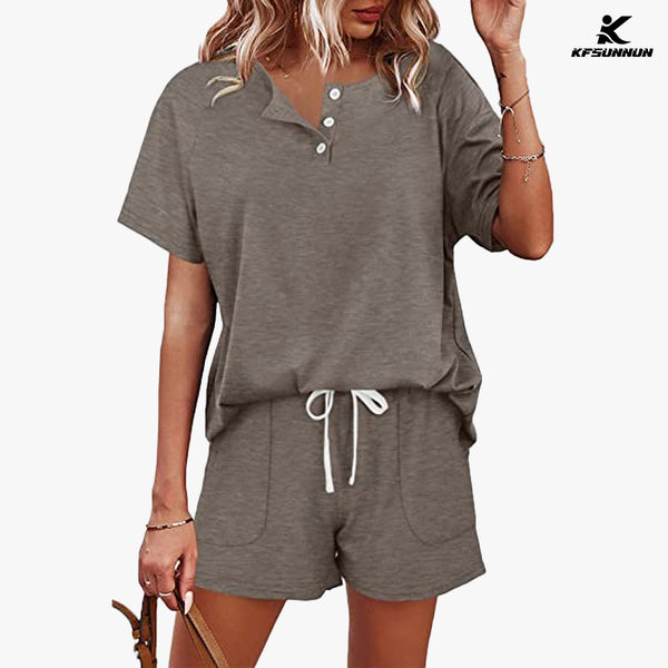 KFSUNNUN Two Piece Outfits For Women Lounge Sets Button Down T-Shirts And Shorts Set Sweatsuits with Pockets